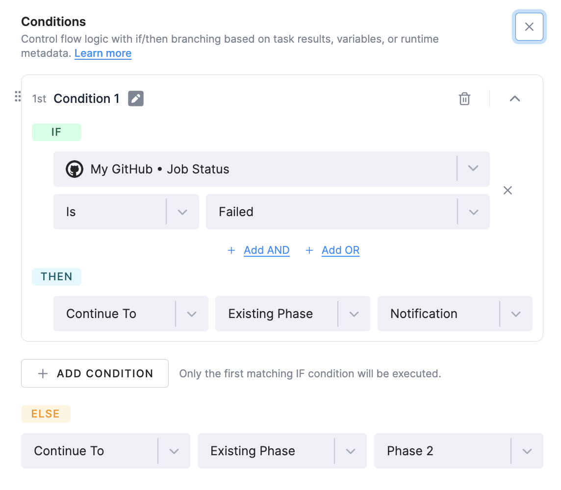 Condition editor: IF My GitHub Job Status Is Failed, THEN Continue To the Notification phase, ELSE Continue To Phase 2
